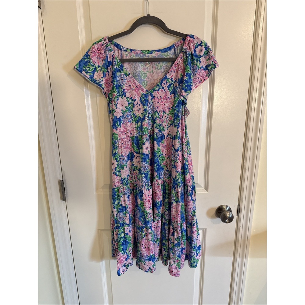 Lilly Pulitzer Kawai Flutter Sleeve V-Neck Dress Multi Spring in Your Step M